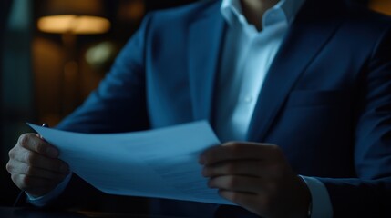 Businessman Reviewing Documents in Dim Light