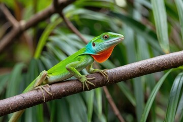 Fototapeta premium Close-up of Vibrant Green Reptile Perched on Branch, Detailed Scales, Tropical Background, Eye-Level View