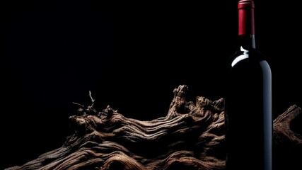 Red wine bottle silhouette with flowing silk fabric on black background. Elegant luxury beverage presentation for restaurant menu, wine tasting events and premium advertising