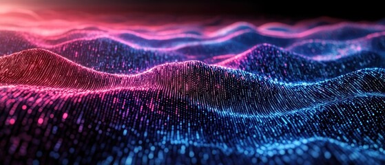 Futuristic Digital Landscape with Binary Code Waves in Neon Blue and Pink Light