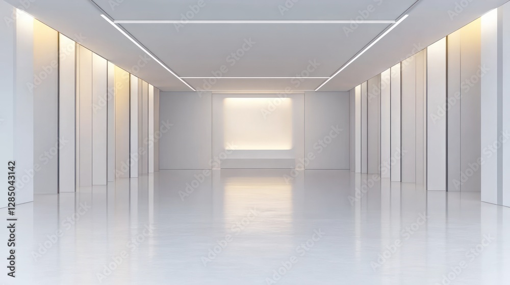 Poster Minimalistic bright white empty interior gallery space with soft lighting and symmetrical composition for product display