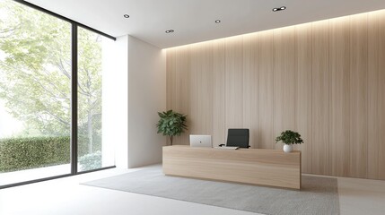 Modern minimalist lobby with natural light, wooden reception desk, ideal for commercial spaces