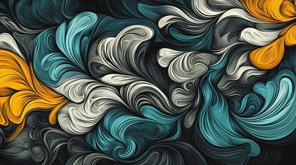 Abstract swirling teal, gray, and gold pattern.