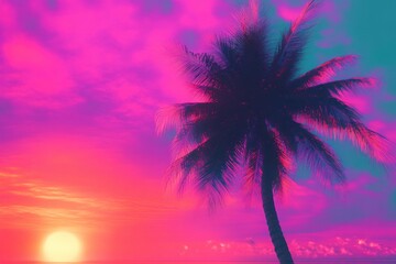 Neon pink palm tree silhouette against tropical sunset background with retro glitch effect vibrant summer party 90s style