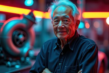 Obraz premium Elderly Asian man with gray hair and navy shirt smiling confidently with arms crossed in neon lit workshop technology environment perfect for business profile or professional portrait