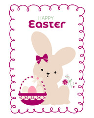 Happy Easter poster. Vector illustration of basket with Easter eggs and spring flowers in flat cartoon style. Ideal for holiday announcements. Happy Easter theme.