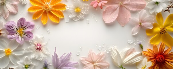 Various colorful flowers and water droplets arranged on white surface