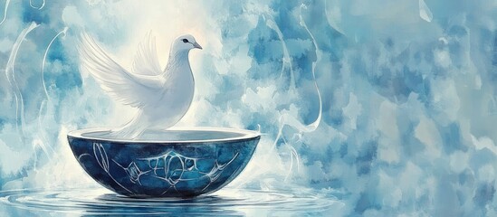 Baptism Watercolor Painting with Dove and Soft Blue Background