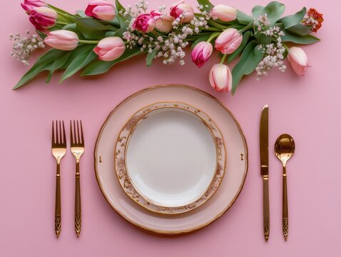 Elegant Pink and Gold Table Setting for International Women's Day with Tulips and Cutlery