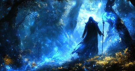 Obraz premium Hooded Sorceress with Staff in Mysterious Forest Entrance to Dungeon