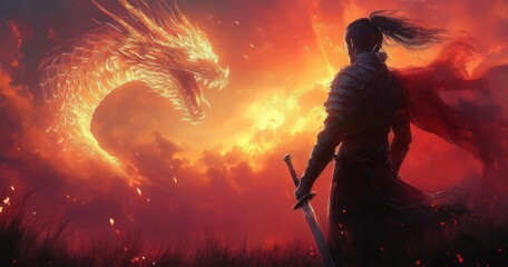 Obraz premium Fierce Samurai Warrior Standing at Sunset with Golden Dragon Spirit in Wheat Field