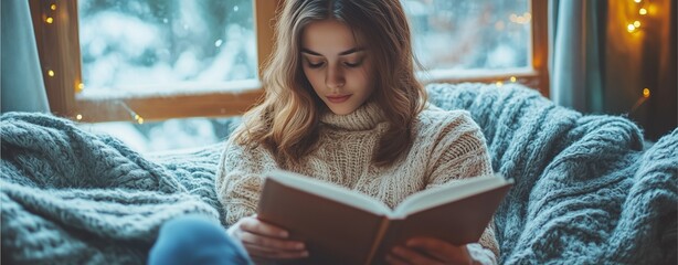 Cinematic realistic, a young woman reads a book while the cold snow is falling outside the window. Sofa wrapped in silk woman, cafe, reading, book, sunlight, window, relaxing, happy, warm, realistic, 