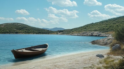 Fototapeta premium Peaceful Seascape with Wooden Boat on Sandy Beach and Calm Blue Waters Under Bright Sky