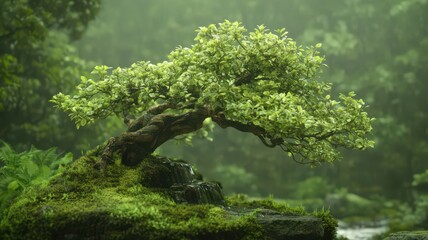 Obraz premium Lush Green Bonsai Tree in Misty Forest Waterfall Setting