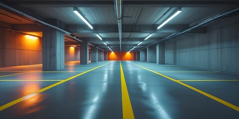 Empty underground parking garage with industrial lighting, clean concrete floors, and yellow markings, creating a modern and minimalistic urban environment. Ideal for backgrounds.

