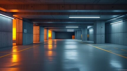 Empty underground parking garage with industrial lighting, clean concrete floors, and yellow markings, creating a modern and minimalistic urban environment. Ideal for backgrounds.

