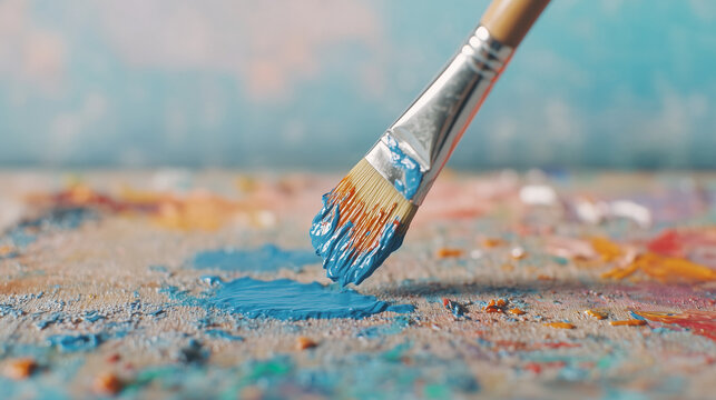 Artist's paintbrush with cobalt blue paint on textured palette against soft blue wall