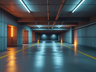 Empty underground parking garage with industrial lighting, clean concrete floors, and yellow markings, creating a modern and minimalistic urban environment. Ideal for backgrounds.

