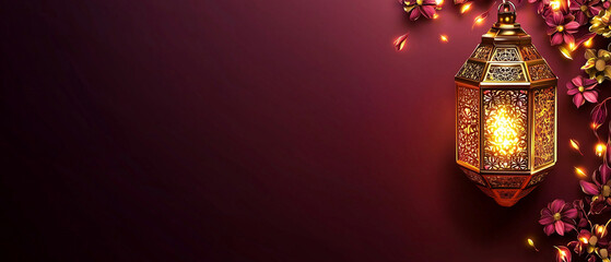 Ramadan Theme, Eid Mubarak Concept, Illuminated Ramadan Lantern with Intricate Floral Design and Glowing Lights