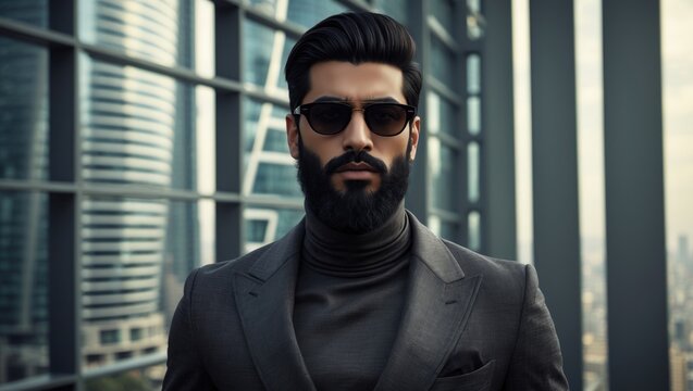 Stylish Arabian man with a luxurious beard dressed in a turtleneck and sunglasses, standing by large modern windows with a jacket in hand, exuding success and fashion.
