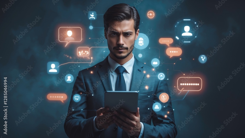 Poster a professional in a suit interacts with a digital assistant, embodying the ideas of artificial intel