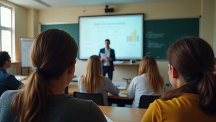 View from behind of students attending a lesson being taught by an instructor in a classroom setting.
