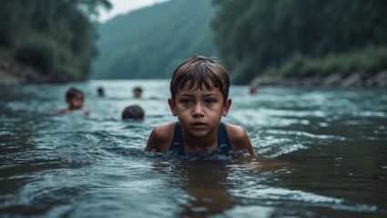 Children swimming in a river