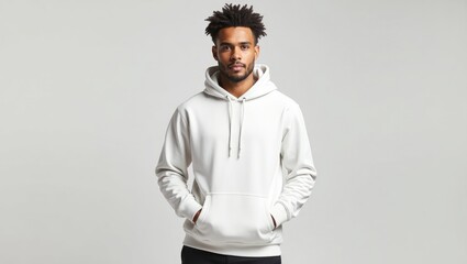 Obraz premium Young man wearing a plain white hoodie, viewed from the front. Template for a men's sweatshirt design featuring a pocket, suitable for branding or printing purposes.