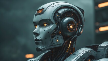 Futuristic robotic head featuring advanced mechanical design.