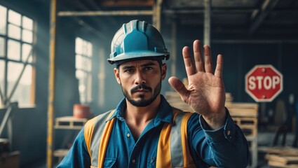 Safety Guidelines at Work: Always wear a hard hat for head protection and don personal protective equipment. The worker is signaling to halt. Template for a flat photograph.