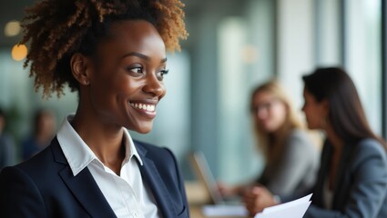 Businesswoman from Africa presenting positive statistical reports to persuade a diverse group of partners during a negotiation meeting, while a black manager consults clients about potential benefits.