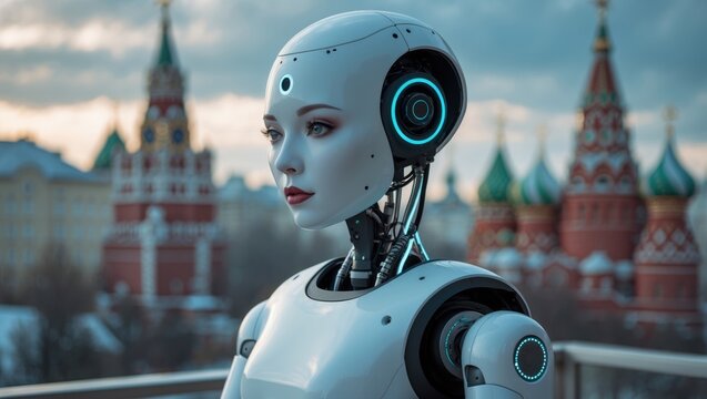 Robotic female figure named KIKI at the AI Conference held on April 25, 2017, at Novotel Moscow City Hotel, focusing on the integration of artificial intelligence in the business sector. - Powered by Adobe