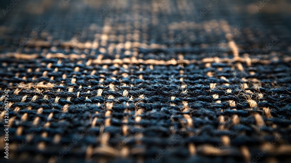 Poster Close-up view of a dark blue woven textile with contrasting light brown threads. The image showcases the intricate detail and texture of the fabric. Intricate Textile Close-Up Woven Fibers