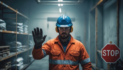 Essential workplace safety principle: Always use a hard hat to safeguard your head. Wear personal protective equipment. The worker gestures with his hand to signal a stop. Template for a flat photo.