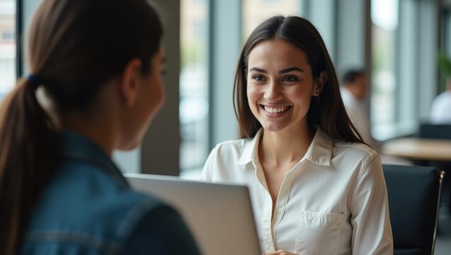 Assisting a client: Young Hispanic woman in a travel agency discussing flight arrangements for a business trip.