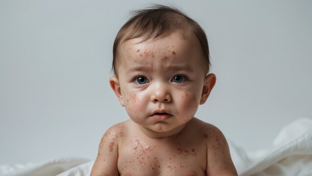 Infant suffering from monkeypox. The child appears unwell and has a rash on the skin. Isolated character set against a plain white background. Painful infectious bumps. Image