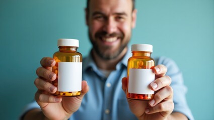 Man evaluating two bottles of medications or dietary supplements. He is showcasing two pill containers with blank spaces for branding. The image may illustrate a comparison between branded and gene...