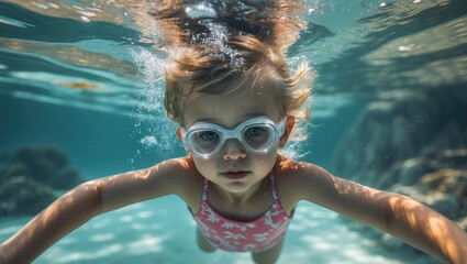 Fototapeta premium Adorable small child swimming beneath the water during a summer getaway.