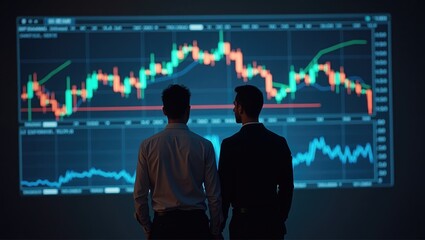 Collaborative stock investors analyzing market trends, engaging in profitable stock trading, visualizing fluctuating charts, overseeing investment strategies, and assessing market gains.