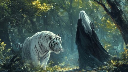 A mystical white tiger accompanies a cloaked figure through an enchanted forest at dusk