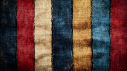 Close-up shot of a vintage striped fabric with red, blue, and beige tones. Rustic and textured appearance. Vintage Striped Fabric Texture: A Rustic Tapestry of Red, Blue, and Beige Hues