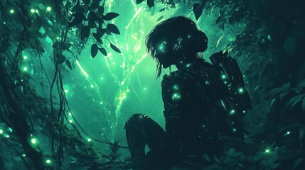A futuristic figure sits amidst glowing greenery, surrounded by ethereal lights in a dense forest