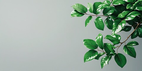 Obraz premium Fresh green plant branch with vibrant leaves against a soft muted background, creating a minimalistic and natural aesthetic perfect for botanical, organic, and eco-friendly themes