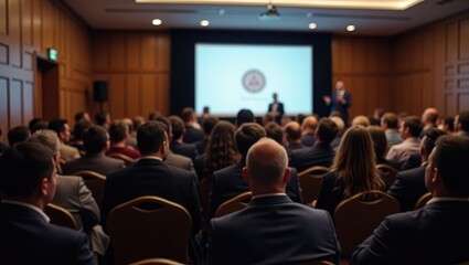 Presenter at a Business Conference with Attendees Listening.
