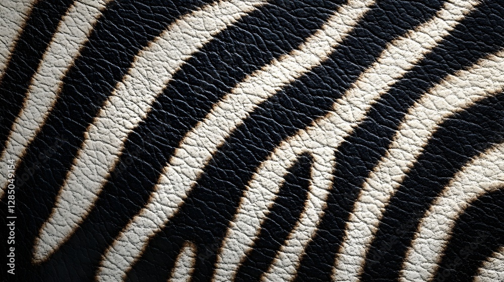 Poster Close-up of a zebra-printed leather texture. Striking black and white stripes create a visually appealing pattern. Zebra Leather Texture: Striking Black and White Stripes