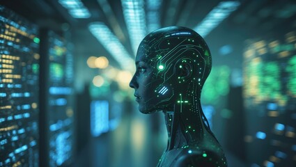 the emergence of the AI age. Information sharing for artificial intelligence. Blurred blue and green illumination in a futuristic digital setting.