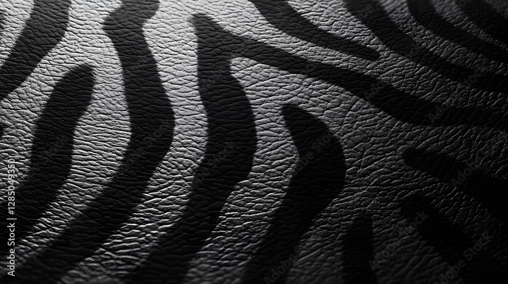 Poster close-up shot of zebra-printed leather, showcasing its texture and monochrome pattern. stripes of ze