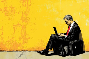 Businessman Working on Laptop with Briefcase Against Bright Yellow Wall