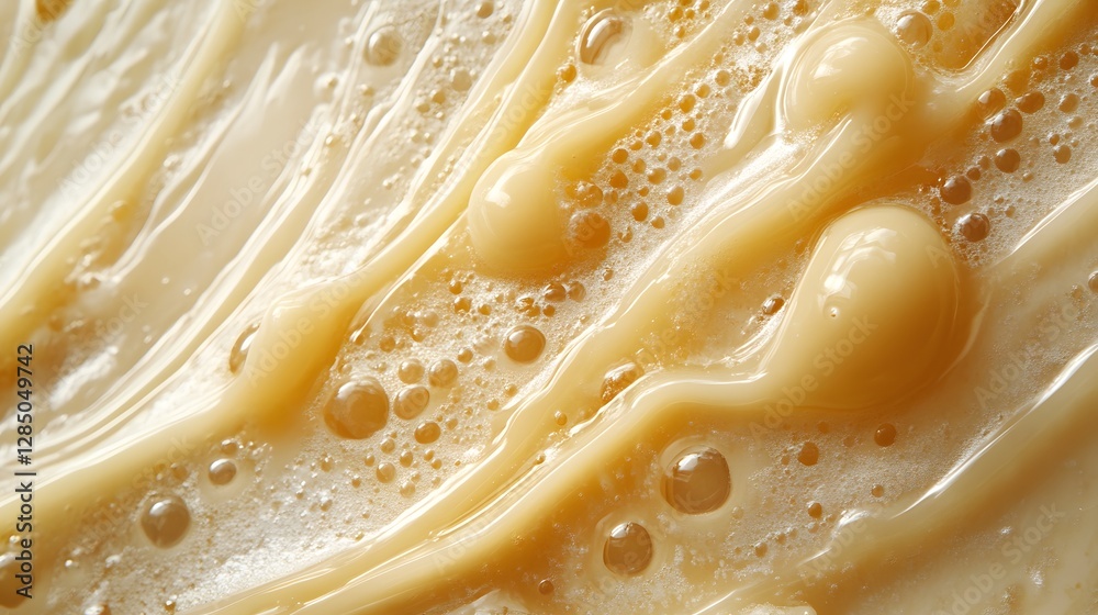 Poster a detailed image showcasing the luxurious texture of a creamy, foamy liquid. the rich, golden tones 