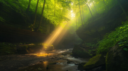 Sun rays piercing through the mist, illuminating patches of the gorge in a magical, ethereal glow